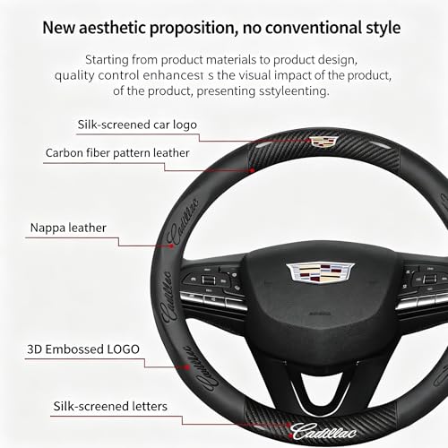 fir for Cadillac Steering Wheel Cover, Carbon Fiber Texture Nappa Leather,Custom Embossed Logo, Round Shape,Car Steering Wheel Protector Compatible with Cadillac Escalade XT4 XT5 XT6 Accessories