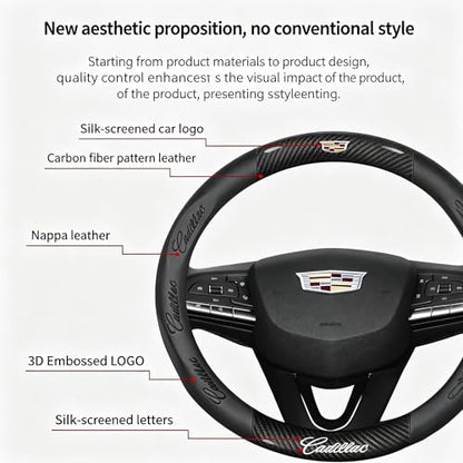 fir for Cadillac Steering Wheel Cover, Carbon Fiber Texture Nappa Leather,Custom Embossed Logo, Round Shape,Car Steering Wheel Protector Compatible with Cadillac Escalade XT4 XT5 XT6 Accessories