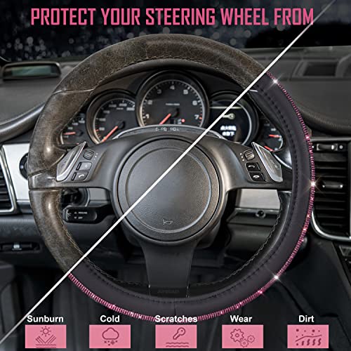 CAR PASS Bling Diamond Leather Steering Wheel Cover, Bling Sparkly Crystal Glitter Rhinestones Universal Fit 14" 1/2-15" Car Wheel Protect for Women Girl Fit Suvs,Vans,Sedans,Cars,Trucks, Pink Black - color: Pink Diamond on Velvet