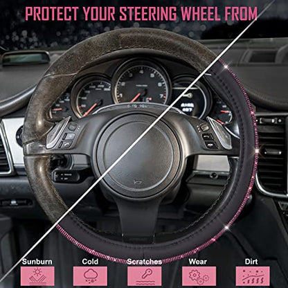 CAR PASS Bling Diamond Leather Steering Wheel Cover, Bling Sparkly Crystal Glitter Rhinestones Universal Fit 14" 1/2-15" Car Wheel Protect for Women Girl Fit Suvs,Vans,Sedans,Cars,Trucks, Pink Black - color: Pink Diamond on Velvet