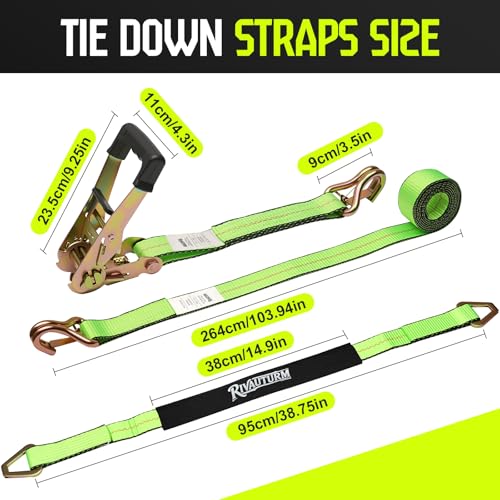 4-Pack 10,000lbs Break Strength Ratchet Straps Heavy Duty, 2 Inch x 10 Feet Tie Down Straps with J-Hooks & Clips & 2" x 38"Axle Straps for Car Trailer Truck, UTV, Motorcycle, Cargo & More - Green - color: Green