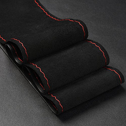 Steering Wheel Cover with Top Layer Genuine Leather and Anti-Slip Design, Soft Padding, Breathable, Universal 15 Inch Stitch on Wrap - color: red and black