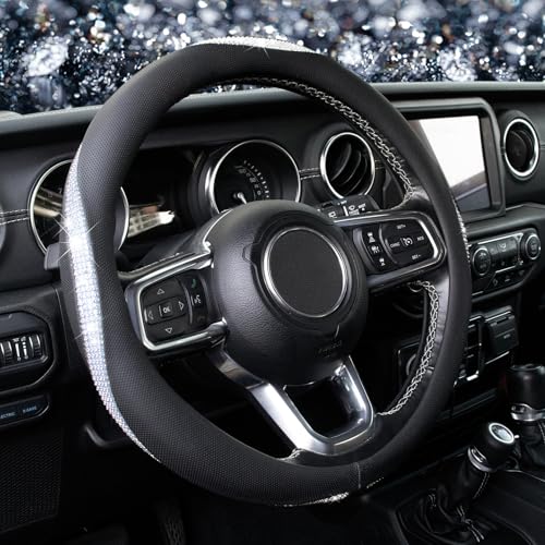 KAFEEK White Crystal Steering Wheel Cover, Sparkly Clear Diamond Breathable Leather Car Protector, Universal 15 Inch Fit for Women Girls, Anti-Slip Comfortable, Silver White - color: Striped White Diamond, size: Medium(Standard) Size[14.5"-15"]