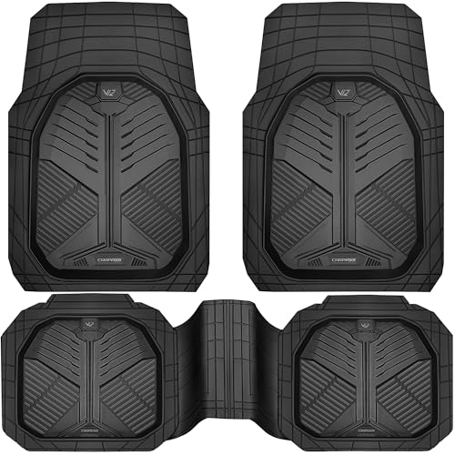 CAR PASS Heavy Duty Rubber Car Mats, Deep-Dish Odorless Car Floor Mats All Weather, Universal Trim-to-Fit for SUVs Trucks Sedans, Waterproof Anti-Slip, 3 Pieces V12 Black - color: All Black