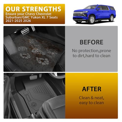 Floor Mats for 2021-2025 2026 Chevy Chevrolet Suburban/GMC Yukon XL 7 Seats Accessories, All Weather TPE Cargo Liner Seat Back Covers with Door Sill Guards Protectors,Full Coverage Set - size: 2)Chevy Suburban/GMC Yukon XL 7S｜21-26｜Full Set