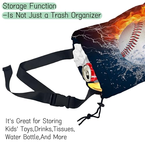Baseball Ball Car Garbage Bag,Fire Ball Waterproof Small Car Trash Bag Hanging Back of Seat,Drawstring Hanging Car Trash Bag with Adjustable Buckle for Car Accessories - color: Baseball Ball