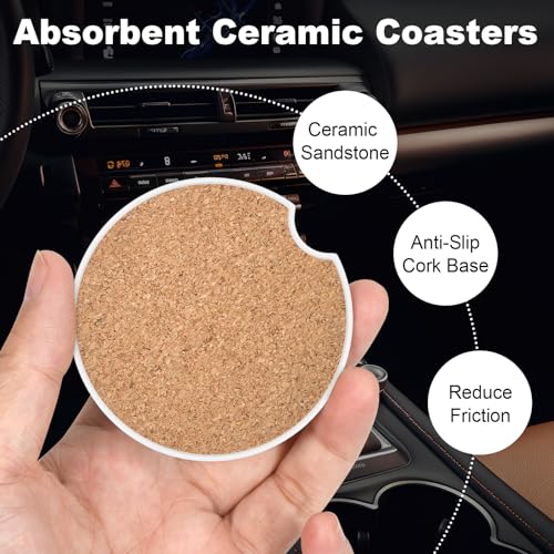 2 Pack Car Cup Holder Coaster, 2.63 inch Anti Slip Insert Absorbent Ceramic Car Coaster with Cork Base and Finger Notch, Cute Car Accessories Interior for Women, Cute Car Coasters., Clover