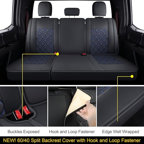 LUCKYMAN CLUB F150 Full-Set Seat Covers J03-Q3 with Waterproof Faux Leather, Fit 2015-2025 Ford F150 and 2017-2025 F250 F350 F450 (Full Set, Black-Blue) - color: Black&Blue, size: Full Set