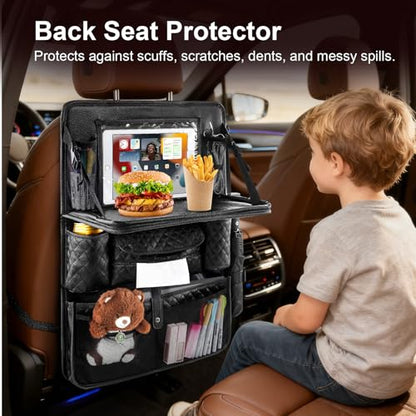 Car Seat Organizer with Foldable Table Tray - 11 Storage Pockets PU Leather Backseat Organizer with Tablet Holder, Seat Back Protector Kick Mat for Kids Family Road Trip Accessories (Black)