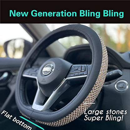 D Shaped Bling Comfy Steering Wheel Cover with Jumbo Crystal Rhinestones, Anti-Slip Diamond Leather, Flat Bottom 14.5-15 Inch (Gold) - color: 3.Gold, size: D Shaped/Flat Bottom[14 1/2''-15'']
