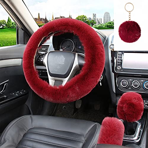 WenMei 4PCS Set Fluffy Steering Wheel Covers with Handbrake Cover&Gear Shift Cover&Plush Keychain Furry Steering Wheel Cover for Women Girl Fashion Warm Car Wheel Protector Fit Most Car (Wine Red) - color: Wine Red