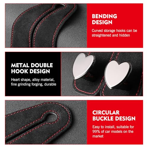 2 PCS Car Seat Hooks, Suede Heart-Shaped Double Hooks Headrest Organizer, Heavy-Duty Multi-Functional Auto Back Seat Phone Holder, Universal for Most Cars (Black)