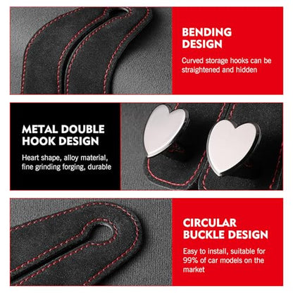 2 PCS Car Seat Hooks, Suede Heart-Shaped Double Hooks Headrest Organizer, Heavy-Duty Multi-Functional Auto Back Seat Phone Holder, Universal for Most Cars (Black)