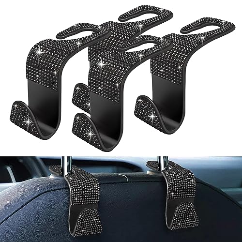 4 Pack Blink Diamond Car Seat Headrest Hooks Crystal Rhinestone Car Purse Holder Universal Interior Accessories for Handbags, Water Bottles, Coats, Umbrellas, Black - color: Black