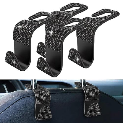 4 Pack Blink Diamond Car Seat Headrest Hooks Crystal Rhinestone Car Purse Holder Universal Interior Accessories for Handbags, Water Bottles, Coats, Umbrellas, Black - color: Black