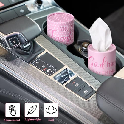 Outus 12 Pcs Christian Car Tissues Cylinder Holder with 3 Ply Facial Tissue Bulk Pink Bow Religious Round Tissue Holder Inspirational Scripture Travel Tissues Boxes Container for Car Cup Home Office - style: Religious Bow