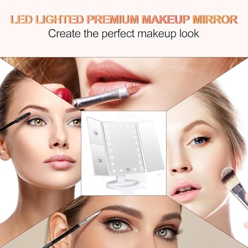 Tri-fold Lighted Vanity Makeup Mirror with 3x/2x Magnification,Light up Mirror for Makeup,Touch Screen 21 LEDs,180° Rotation Countertop Cosmetic Mirror,Gifts for Women Mom Teen Girls