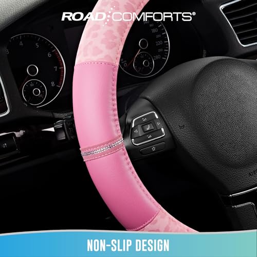Road Comforts Leopard Steering Wheel Cover for Women, Cute Anti-Slip Microfiber Leather, Universal Fit 14.5-15 Inch Round Steering Wheel - Full Pink - color: Round All Pink
