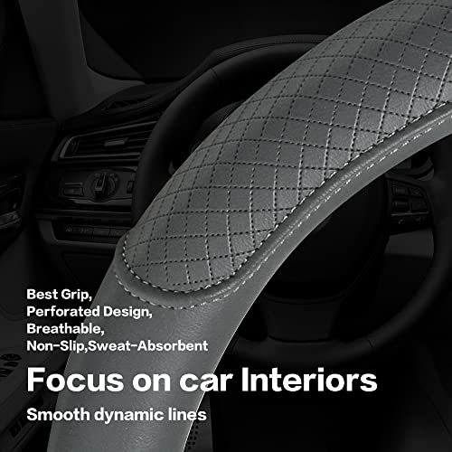 Microfiber Leather Steering Wheel Cover, Classic Embossing, Anti-Slip, Breathable, 15 Inch, Gray - color: Gray