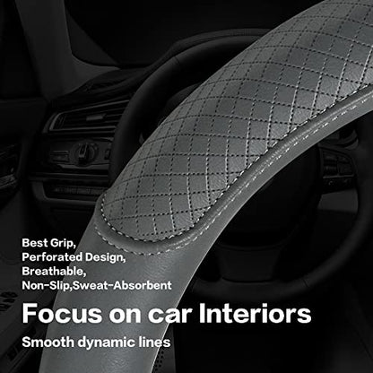 Microfiber Leather Steering Wheel Cover, Classic Embossing, Anti-Slip, Breathable, 15 Inch, Gray - color: Gray