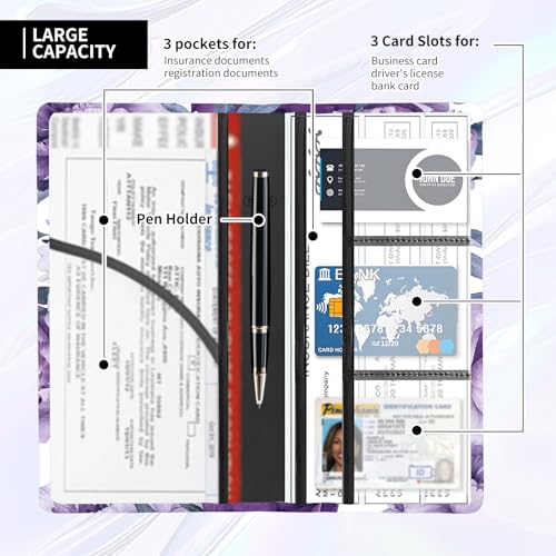 Leather Car Registration and Insurance Card Holder, Cute Car Accessories Vehicle Glove Box Car Organizer for Documents, Cards, License Cute Purple Flowers - color: Cute Purple Flowers
