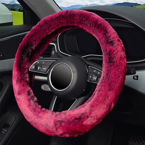 KAFEEK Frost Fluffy Microfiber Plush Steering Wheel Cover for Winter Warm, Universal 15 inch Soft Fuzzy Steering Wheel Cover, Brilliant Red - color: red, size: Standard Size[14 1/2''-15'']