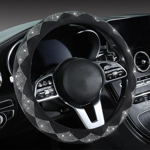 Bling Steering Wheel Cover for Women - Sparkly Crystal Rhinestones on Soft Plush with Checkered Design, Anti-Slip, Universal 15 Inch Car Wheel Protector, Cute Diamond Auto Accessories
