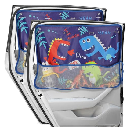 Car Window Shade for Baby, 2 Pack Car Sun Shades with Storage Net Pocket Auto Window Curtain 7 Suction Cups Blue Dinosaurs for Sun/Heat/UV Rays Protection Kids - color: Blue Dino-2pcs