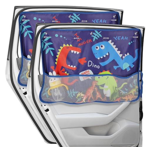 Car Window Shade for Baby, 2 Pack Car Sun Shades with Storage Net Pocket Auto Window Curtain 7 Suction Cups Blue Dinosaurs for Sun/Heat/UV Rays Protection Kids - color: Blue Dino-2pcs