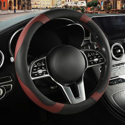 Microfiber Leather Steering Wheel Cover, Breathable, Anti Slip, Universal 15 inch, Black with Burgundy - color: Black Burgundy, size: Round-Middle[14.5''-15'']
