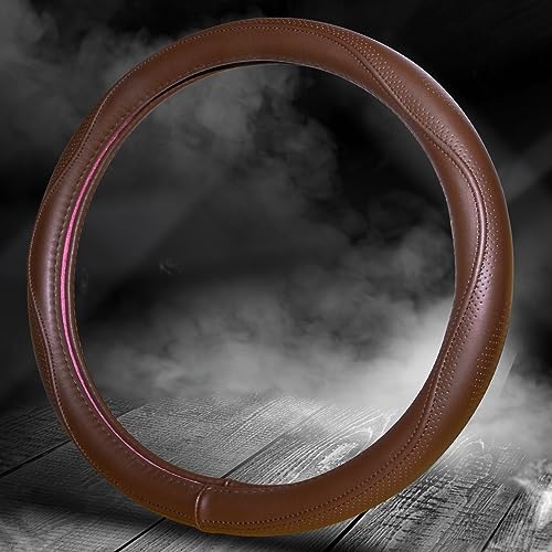 HAOKAY Top Grade Brown Genuine Leather Steering Wheel Cover Men Women, Luxury Steering Wheel Cover for Cars, SUVS and Trucks, Universal 14.5-15 inch - color: BROWN