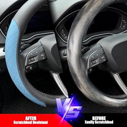 Nappa Leather Steering Wheel Cover,Elegant Diamond Checkered Design, Non-Slip wear-Resistant, Enhance Driving Comfort, Suitable for Steering Wheel Diameter 14 1/2‘-15’ Models.Black Blue - color: Black Blue