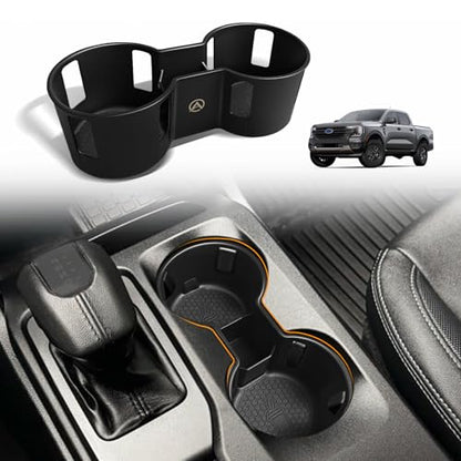 Muslogy Center Console Cup Holder Inserts Compatible with 2024 2025 2026 Ford Ranger Accessories Middle Console Drink Holder Silicone Black Organizer Non-Slip Drink Stopper - size: 2024+ Ranger cup holder