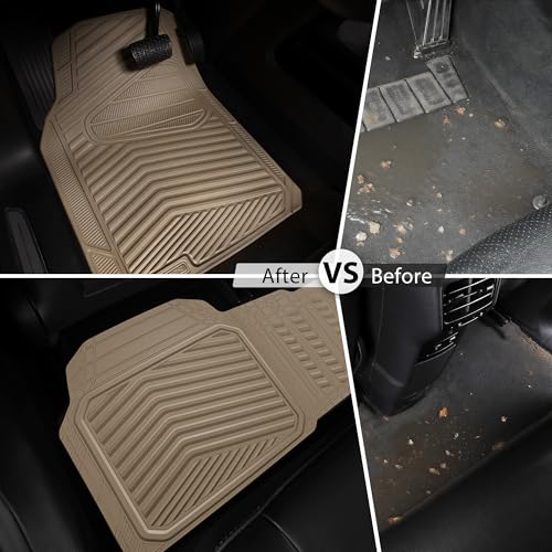 CAR PASS Rubber Car Mats, Waterproof Car Floor Mats All Weather Car Mat Full Set 3 Piece, Tan Automotive Floor Mat Trim to Fit for Cars Sedan SUVs Trucks, Anti-Slip Easy Clean, All Beige