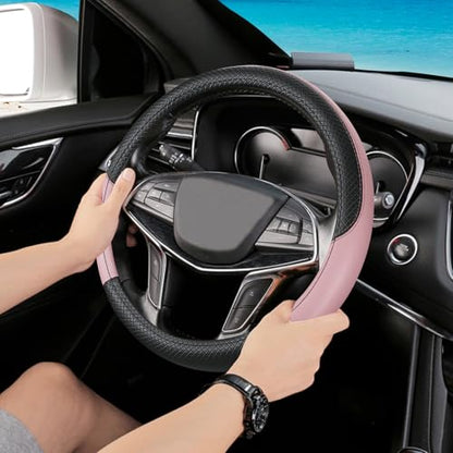 Black & Pink Car Steering Wheel Cover, Microfiber, Leather Patchwork, Universal 14.5-15 Inch Leather Anti-Slip Breathable Auto Steering Wheel Covers for Men Women - color: Black & Pink