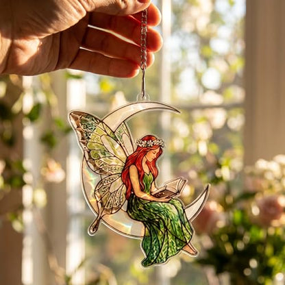 Stained Glass Fairy Sitting on Crescent Moon Decorative Hanging Ornament, Stained Acrylic Fairy Reading a Book Suncatcher, Car Rearview Mirror Charm, Gift for Fairy Lovers, Women,Girls,Teachers,Sun-39