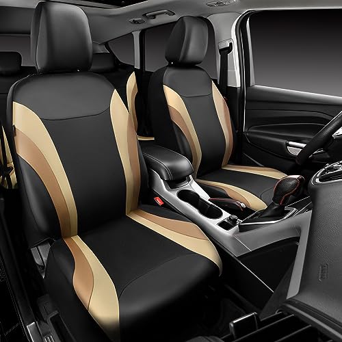 CAR PASS Line Rider Leather Car Seat Covers Sporty Car Seat Covers Full Set,5mm Composite Sponge,Airbag Compatible,Universal Fit 95% Automotive SUV Sedan(Black Beige) - color: Black Beige