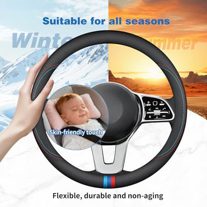 Nappa Leather Car Steering Wheel Cover Custom Fit for Mercedes Benz GLC 300 GLE 350 450 C300 Sprinter GLA 250 GLA 250 GLB 250 Accessories, Universal 15 Inch with Logo, Non-Slip and Breathable, Black - size: D-Shaped