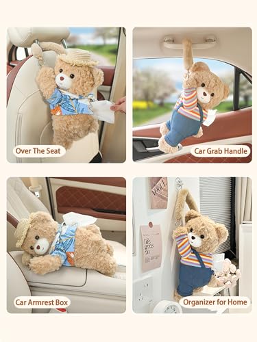Cute Car Tissue Holder Accessories Animal Teddy Bear Funny Plushie Plush Hanging Tissue Cover Box in Car Decorative Tissue Storage for Home Bathroom Bedroom Office - style: Bear/Pink