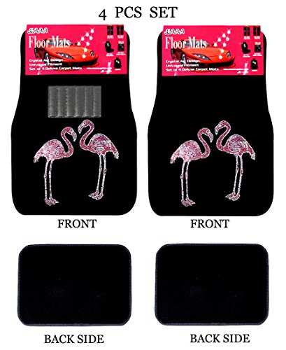 Universal Fit Front/Rear 4-Piece Full Set Crystal Bling Rhinestone Studded Carpet Car SUV Truck Floor Mats (Flamingo/Black) - color: Flamingo/Black