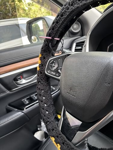 Handmade Crochet Sun Moon Car Steering Wheel Covers Universal 14-15 inch,Cute Steering Wheel Cover,Car Accessories (Black Steering Wheel Cover) - color: Black Steering Wheel Cover