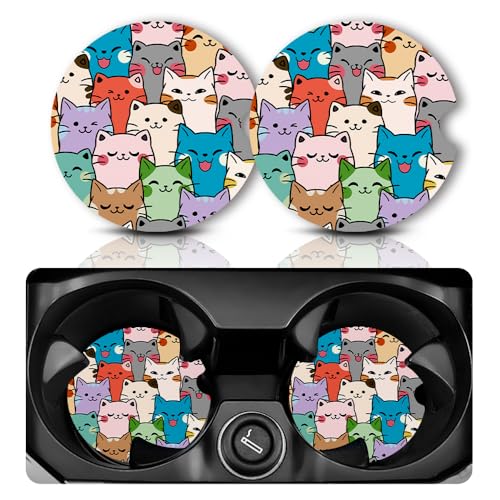 Yonlevres Car Coasters for Cup Holders，2.75" Anti Slip Rubber Mat with A Finger Notch, 2 Pack Car Cup Holder Coasters for Car Interior Accessories for Women Men Cat - color: Cat
