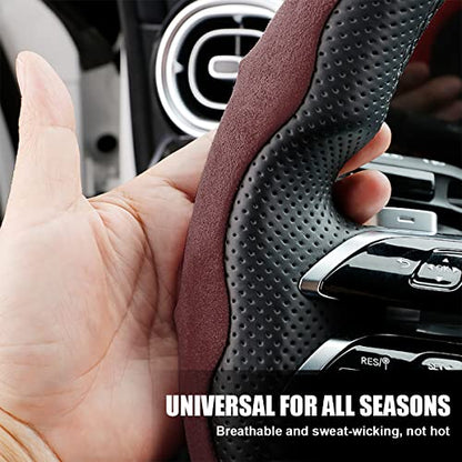 Car Steering Wheel Cover, Microfiber Suede Leather and Carbon Fiber Double Sided Design, Warm in Winter and Cool in Summer, Breathable Non Slip Segmented Protector for Most Cars (Turn Fur/Coffee) - color: Turn Fur/Coffee