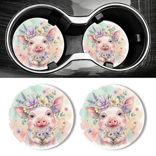 WOCOCN Car Coasters for Cup Holders - 2 Pack 2.75" Universal Rubber Car Cup Coaster, Non-Slip Waterproof Car Interior Accessories, Cute Car Decor Gifts for Women and Men (Cute Pig) - color: Cute Pig