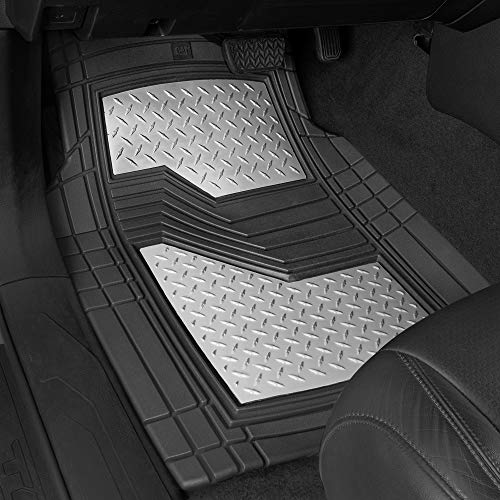 BDK Cat® Heavy Duty Rubber Floor Mats for Car SUV Truck & Van-All Weather Protection, Front & Rear with Heelpad & Anti-Slip Nibs Backing, Universal Trim-to-Fit - color: Black/Chrome, style: DiamondShield Metallic