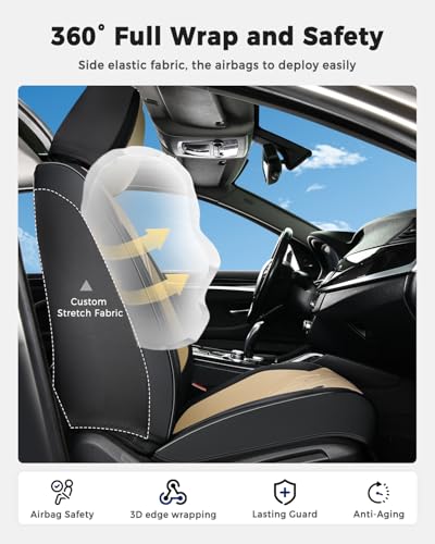 Huidasource Front Seat Covers, Universal Fit for Most Cars SUV Trucks, Full Coverage Nappa Leather Seat Cover, Airbag, Velcro Adjustable, Seat Function Retain, Black&Beige - color: FR: Black&Beige, size: Front