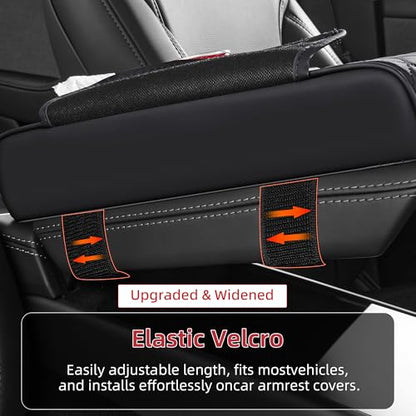 5 in 1 Car Center Console Cover, Armrest Pad with 2 Storage Pockets, Cup Holder, Tissue Slot, Phone Holder, Nappa Leather Memory Foam Car Accessories for SUV Sedan Truck (Black)