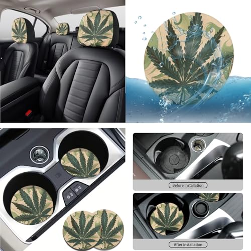 Marijuana Printed 15 Pcs Car Seat Cover Full Set, Protective Car Accessory Set Seat Covers with Steering Wheel Cover Car Headrest Cover Seat Belt Covers Car Coaster - color: Green and Brown-Marijuana