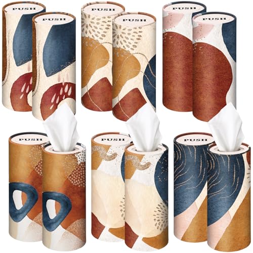 Outus 12 Pcs Boho Car Tissues Cylinder Holder with 3 Ply Facial Tissue Bulk Black White Round Tissue Holder Travel Tissues Boxes Container for Car Cup Wedding Birthday Party - style: Boho 2