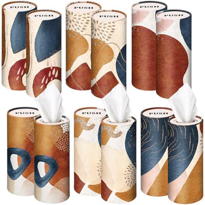 Outus 12 Pcs Boho Car Tissues Cylinder Holder with 3 Ply Facial Tissue Bulk Black White Round Tissue Holder Travel Tissues Boxes Container for Car Cup Wedding Birthday Party - style: Boho 2